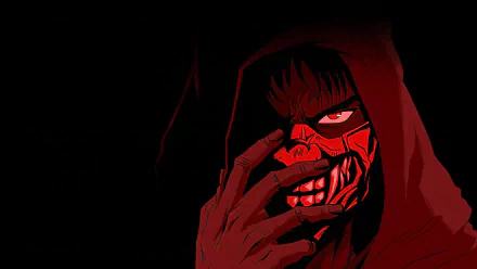 A striking HD desktop wallpaper featuring an anime character from Ninja Kamui, shrouded in darkness with a menacing masked expression and vivid red highlights.