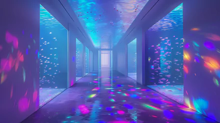HD wallpaper featuring a vibrant corridor with aquarium walls teeming with marine life and colorful light reflections.