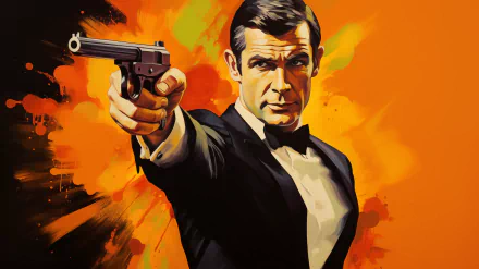 A striking HD wallpaper featuring James Bond, showcasing a classic portrayal of the iconic character in a tuxedo, aiming a pistol against a vibrant orange backdrop.