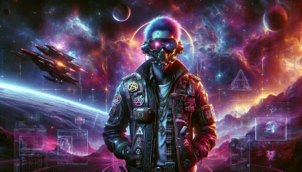 HD desktop wallpaper of a futuristic space pirate with cosmic background, featuring vibrant nebulas, planets, and spaceships.