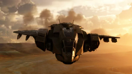HD wallpaper of a futuristic aircraft flying over a desert from the video game Microsoft Flight Simulator.
