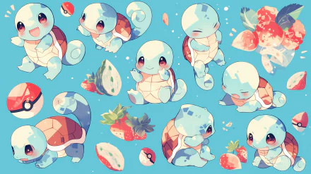 HD desktop wallpaper featuring multiple cute Squirtle Pokémon with Pokéballs and strawberries on a pastel blue background.
