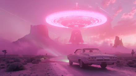 Pink aesthetic HD wallpaper featuring a classic car on a deserted road with a large sci-fi UFO hovering above in a misty, alien landscape.