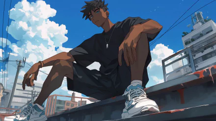 Cool anime boy with black hair sitting and posing against a cityscape backdrop, HD anime desktop wallpaper.
