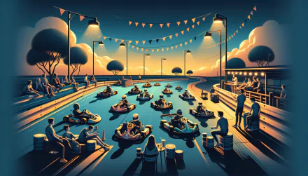 High-definition desktop wallpaper featuring an animated karting scene with racers on a track at dusk, bystanders, and festive decorations.
