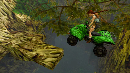 HD wallpaper featuring a scene from the remastered Tomb Raider video game with the main character riding a green quad bike jumping across a gap in a jungle environment.