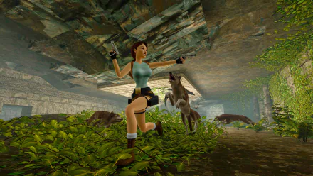 Lara Croft navigates a lush jungle environment, wielding her weapons as wolves approach. This dynamic scene is part of the HD background for Tomb Raider I-III Remastered.