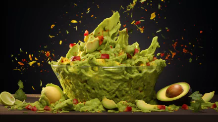 A vibrant bowl of guacamole surrounded by flying ingredients, set against a dark background, making for an appealing HD desktop wallpaper.