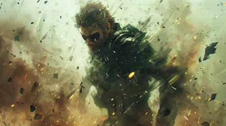HD desktop wallpaper featuring dynamic Metal Gear fan art with an intense action theme, showcasing a determined character amidst a dramatic, explosive backdrop.