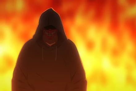 Anime character Ninja Kamui standing in front of a blazing fire, in a HD wallpaper for desktop background.