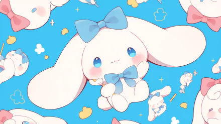 HD Anime-style Cinnamoroll wallpaper featuring the adorable Sanrio character in a pattern of cute poses on a blue background with kawaii cloud accents.