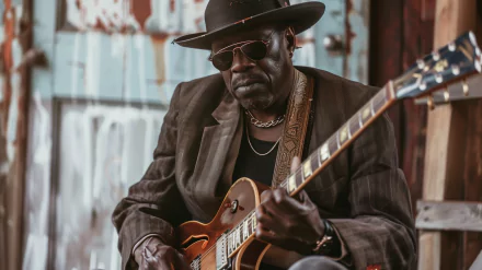 A musician dressed in a stylish suit and hat passionately plays the guitar, capturing the essence of blues music in this HD desktop wallpaper.
