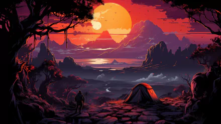 HD desktop wallpaper featuring an idyllic landscape with a tent, set against a vivid sunset with mountains and a hiker in silhouette.