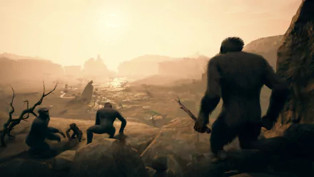 HD wallpaper featuring Ancestors: The Humankind Odyssey video game, with primates exploring a prehistoric landscape at sunset.