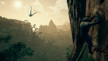 HD wallpaper featuring a scene from Ancestors: The Humankind Odyssey, showcasing a prehistoric primate climbing a cliff with a lush jungle and flying reptile in the background.