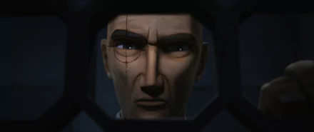 Close-up of a character from the TV show Star Wars: The Bad Batch, showcasing intense facial features and a determined expression, set against a dark background. HD wallpaper.