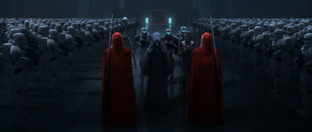 A dramatic scene from *Star Wars: The Bad Batch*, featuring ominous figures in red cloaks amidst a lineup of stormtroopers, set against a dark, atmospheric background. HD wallpaper.