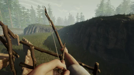 HD desktop wallpaper featuring a first-person view of a player holding a bow in the video game Sons of the Forest with a lush forest landscape in the background.