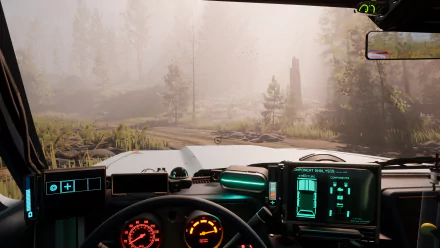 HD desktop wallpaper featuring the interior view from a vehicle in the video game Pacific Drive with scenic forest background.