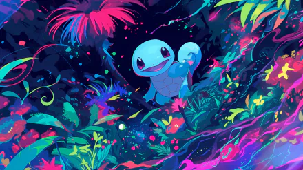 HD Wallpaper of Squirtle from Pokémon in a vibrant, tropical background.