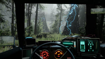HD wallpaper of Pacific Drive video game featuring a first-person view from inside a vehicle with high-tech dashboard, set in a mysterious forest environment.