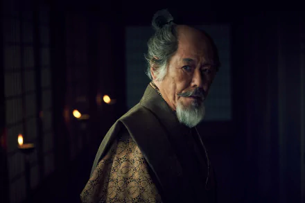 HD wallpaper featuring a character from the 2024 TV show Shogun, set against a dimly lit traditional Japanese interior.