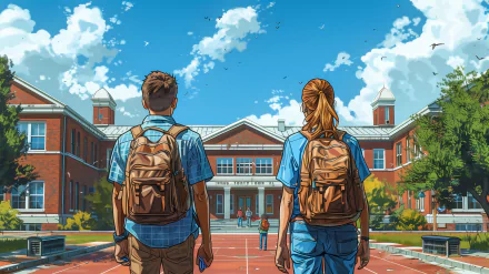 Two high school students with backpacks standing in front of a school building, depicted in a vibrant HD desktop wallpaper.