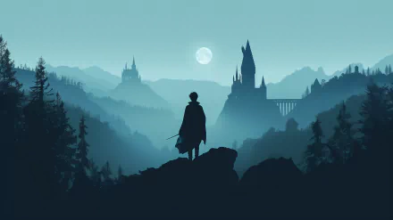 Silhouette of a wizard looking over Hogwarts Castle under a full moon, HD Harry Potter desktop wallpaper and background.