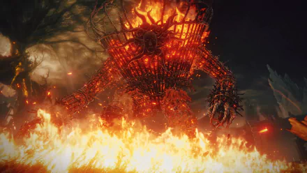 A fiery Furnace Golem from Elden Ring: Shadow of the Erdtree, towering menacingly amidst flames, creates a striking HD wallpaper that captures the game's intense atmosphere.