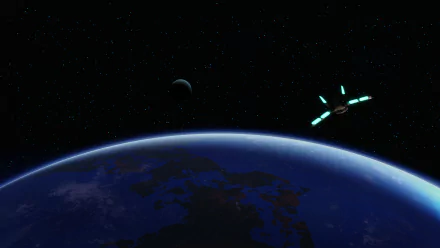 HD desktop wallpaper featuring a spaceship from the Star Wars: Dark Forces Remaster video game, soaring above a vibrant Earth against a starry space backdrop.