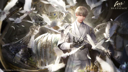A captivating HD wallpaper from the video game Love and Deepspace, featuring a figure surrounded by ethereal doves and intricate, fantastical elements.