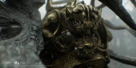 HD wallpaper of Black Myth: Wukong video game featuring a detailed golden dragon statue.