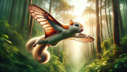 A whimsical flying squirrel glides through a lush forest, showcasing detailed wings and vibrant colors. This enchanting scene serves as a captivating HD desktop wallpaper.