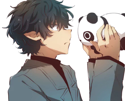 HD PC desktop wallpaper featuring Warumono-san from the anime Mr. Villain's Day Off, holding a panda mask with an intense, thoughtful expression.