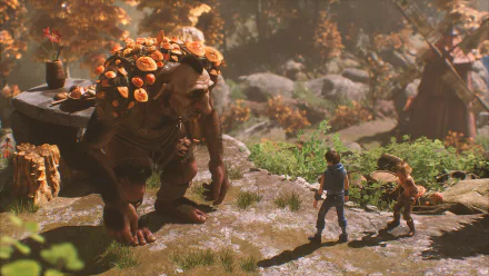 HD wallpaper of Brothers: A Tale of Two Sons Remake featuring a giant troll and two characters in a forest setting.