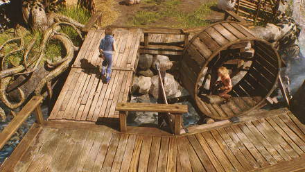 HD wallpaper of Brothers: A Tale of Two Sons Remake, featuring two characters interacting with a wooden watermill in an immersive video game environment.