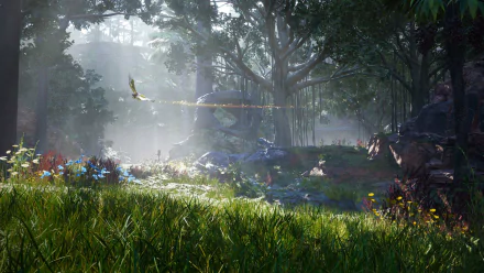 HD desktop wallpaper featuring a serene forest scene from Final Fantasy VII Rebirth, with sunlight filtering through trees and lush greenery.