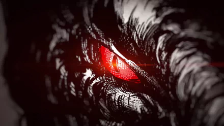Anime-style monster with a single gleaming red eye, entitled 103 Mercies Dragon Damnation, designed for use as an HD desktop wallpaper.