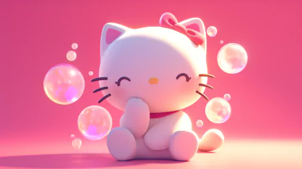 HD desktop wallpaper featuring a cute Hello Kitty character from Sanrio anime, sitting and contemplating amidst sparkling bubbles on a pink background.
