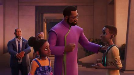 HD wallpaper of a scene from the TV show 'Iwájú' featuring animated characters interacting warmly, with a focus on family and community themes.