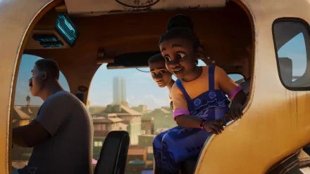 HD wallpaper featuring characters from the TV show Iwájú smiling inside a vehicle with a sunny cityscape in the background.