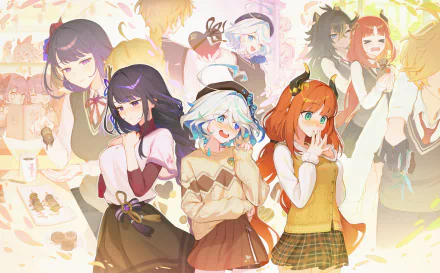 HD PC wallpaper featuring Baal, Raiden Shogun, Furina, and Nilou from Genshin Impact in a warm, softly lit setting with casual, modern outfits.