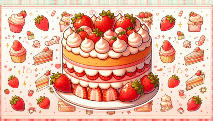 HD desktop wallpaper featuring a vibrant illustration of a delicious strawberry cake with whipped cream and fresh strawberries, surrounded by sweet dessert patterns.