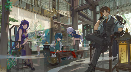 8K Ultra HD PC desktop wallpaper featuring Zhongli, Venti, Baal Raiden Shogun, Nahida, and Furina from Genshin Impact in a stylish, modern interior setting.