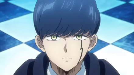 HD desktop wallpaper showcasing Mash Burnedead from the anime Mashle: Magic and Muscles, featuring a focused expression against a checkered blue background.