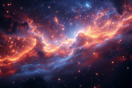 A vibrant 4K Ultra HD AI-generated galaxy scene depicting a fiery cosmic cloud with glowing stars in deep space, designed as a PC desktop wallpaper.