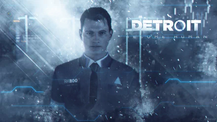 HD desktop wallpaper featuring Connor from Detroit: Become Human video game with a futuristic blue interface and game logo overlay.