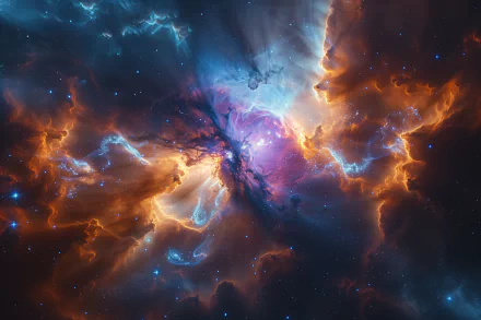 4K Ultra HD PC desktop wallpaper depicting a vibrant cosmic nebula with swirling galactic clouds illuminated in shades of orange, blue, and purple, set in deep space.