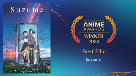 HD PC desktop wallpaper featuring anime Suzume no Tojimari, showcasing its 2024 Anime Awards Best Film winner accolade against a starry blue background.