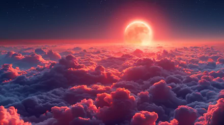 A stunning moonrise scene with a vibrant pink glow illuminating fluffy clouds, creating a serene and captivating HD desktop wallpaper background.